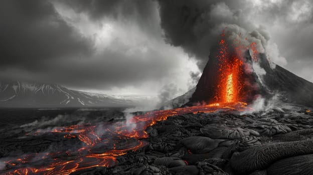 A black and white photo of a volcano with smoke and ash spewing from it. Scene is ominous and dramatic