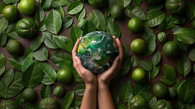 A person is holding a green earth in their hands, symbolizing care and responsibility for the planet. The earth is represented in a miniature form, emphasizing the concept of Earth Day.