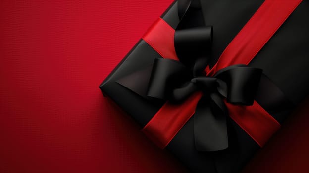 A black and red gift box adorned with a vibrant red ribbon, symbolizing a sale or Black Friday concept. The box stands out with its bold colors and elegant presentation.