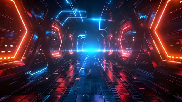 A futuristic tunnel with neon lights and a blue and red color scheme. The tunnel is filled with wires and circuits, giving it a futuristic and technological feel