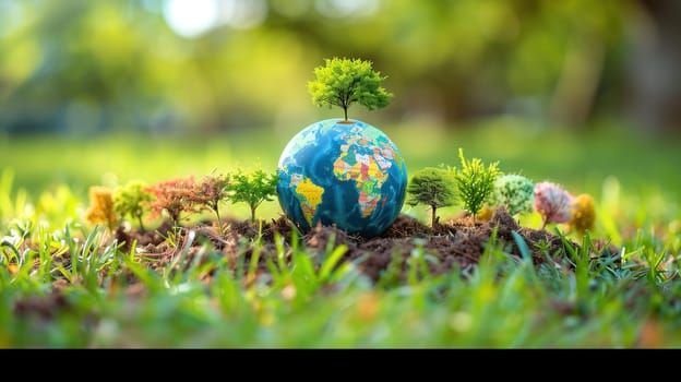 A small globe with a tree growing out of it, symbolizing Earth Day and the importance of environmental conservation. The tree symbolizes sustainability, growth, and the interconnectedness of all living things.