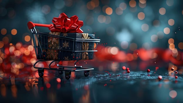 A shopping cart with a vibrant red bow tied on top of it, symbolizing a festive and celebratory atmosphere. The cart is positioned against a neutral background, drawing attention to the eye-catching bow.