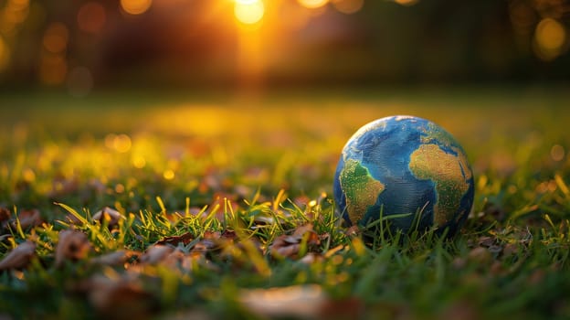 A small replica of the Earth is nestled among blades of green grass, with the warm glow of the sunset illuminating it from behind. The scene encapsulates the essence of Earth Day, highlighting the planets natural beauty and the importance of environmental preservation.
