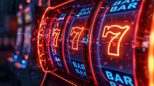 A row of casino slot machines glows with neon lights, showcasing a trio of lucky sevens on their screens, reflecting the bustling excitement of a gaming floor at night.