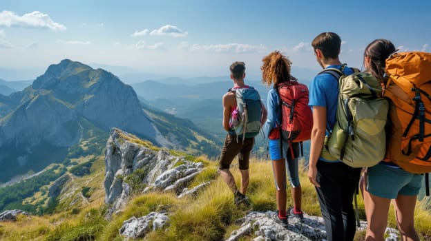A group of friends on a hiking adventure, panoramic mountain views, capturing the spirit of friendship and exploration. Resplendent.