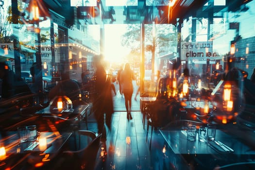 A blurry image of a busy city street with people walking and sitting at tables outside of restaurants. Scene is lively and bustling, with the blurred effect giving a sense of motion and energy