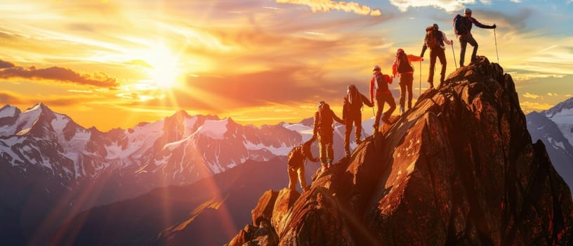 A group of people are climbing a mountain together by AI generated image.