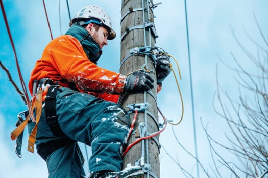 A man in an orange safety vest is working on a power line. The sky is blue and there are clouds in the background