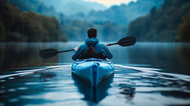 A lone kayaker paddles through calm waters surrounded by a forested landscape as the evening light fades - Generative AI