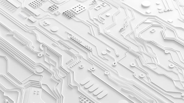 A detailed perspective of a circuit boards intricate pathways and electronic components in a monochromatic color scheme - Generative AI
