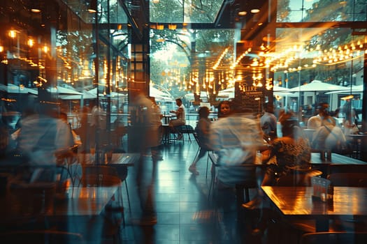 A blurry image of a busy city street with people walking and sitting at tables outside of restaurants. Scene is lively and bustling, with the blurred effect giving a sense of motion and energy