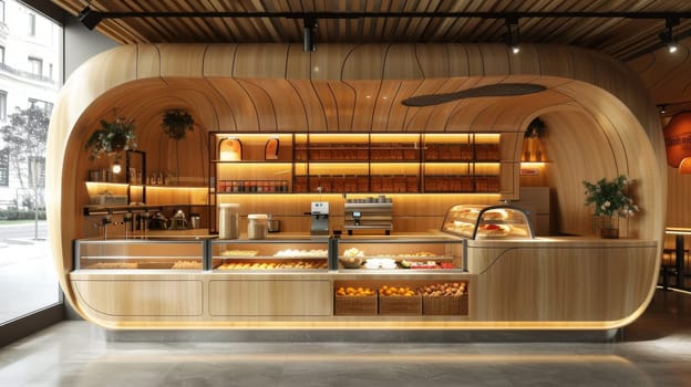 A bakery with a wooden interior and a curved counter. The counter is filled with pastries and bread