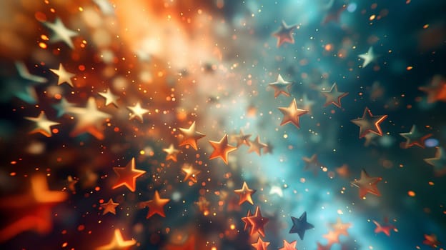 A vibrant blend of warm and cool bokeh lights in the shape of stars creates a festive and magical atmosphere, reminiscent of a holiday celebration - Generative AI