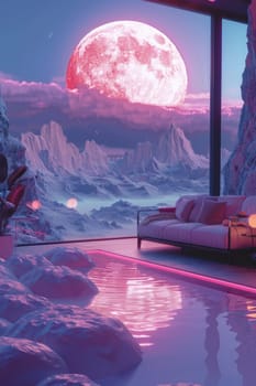 A pink couch is sitting on a table in a snowy mountain valley. The couch is surrounded by clouds and mountains, creating a serene and peaceful atmosphere