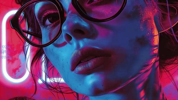 Close-up of a young woman wearing large glasses illuminated by vibrant neon lights, casting a blue and red glow on her features - Generative AI