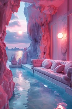 A pink couch is sitting on a table in a snowy mountain valley. The couch is surrounded by clouds and mountains, creating a serene and peaceful atmosphere