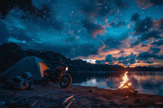 A motorcycle is parked next to a tent by a lake. The scene is peaceful and serene, with the motorcycle and tent blending in with the natural surroundings. The motorcycle is a black
