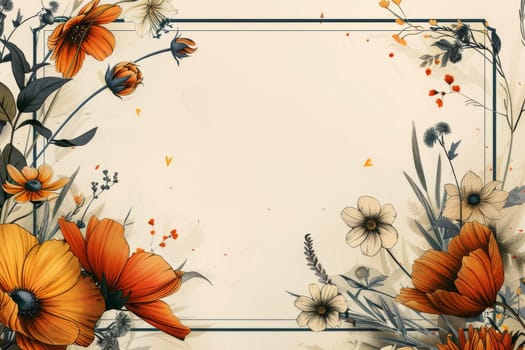 A white frame with a floral border and a large orange flower in the center. The frame is filled with various flowers, including daisies, roses, and sunflowers. Scene is cheerful and bright