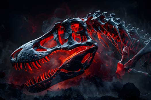 A CG artwork of a fictional character, a skeleton dinosaur with red flames emitting from its jaws. An eerie portrayal of a supernatural creature, symbolizing extinction and darkness