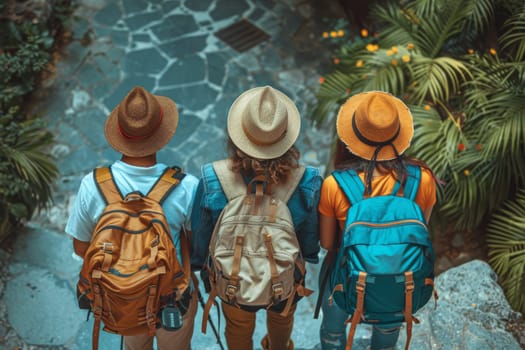 Three people wearing hats and backpacks are standing on a stone staircase. They are likely travelers or tourists, as they are wearing backpacks and hats, which are common items for people on the go
