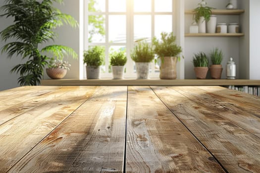 A window with a view of a palm tree and a plant on a wooden table. Scene is peaceful and relaxing