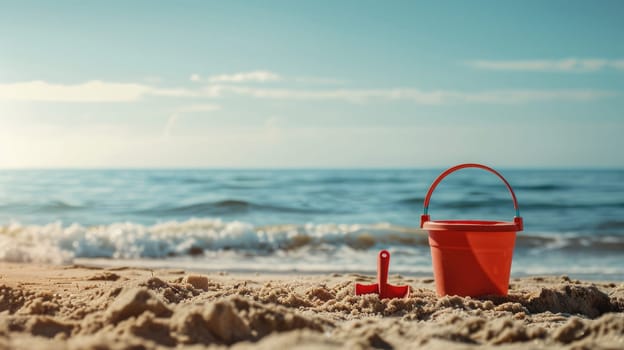 An orange bucket and shovel are resting on the sandy beach, surrounded by azure water and a clear sky in a coastal ecoregion. A perfect spot for leisure and travel in this natural coastal landscape AIG50