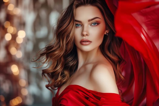 Portrait of beautiful gorgeous young woman in flowing red dress, blurred festive lights