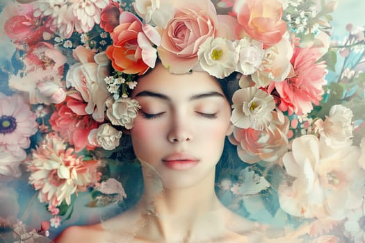 Beauty portrait of lovely beautiful young woman with flowers on her head, closing her eyes, abstract collage