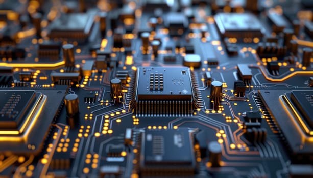 A close up of a computer chip with a lot of yellow lights. Concept of complexity and sophistication, as well as the intricate nature of modern technology