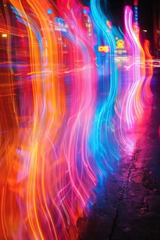 A city street with neon lights and cars. The lights are bright and colorful, creating a vibrant and energetic atmosphere. The cars are moving quickly, adding to the sense of motion and excitement