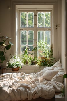 A wooden bed is placed in front of a window with plants on the sill, creating a cozy corner in the house with a mix of property, plant, window, and textile fixtures