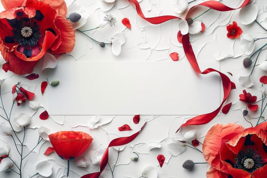 A white sign is surrounded by red flowers. The flowers are arranged in a way that they are overlapping the sign, creating a sense of depth and dimension. Scene is one of warmth and beauty