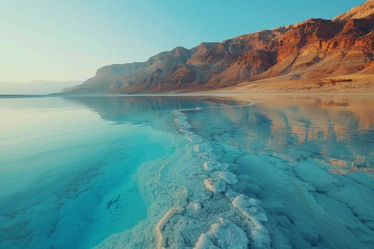 A beautiful beach with a large body of water and a rocky shoreline. The water is calm and the sky is clear and blue