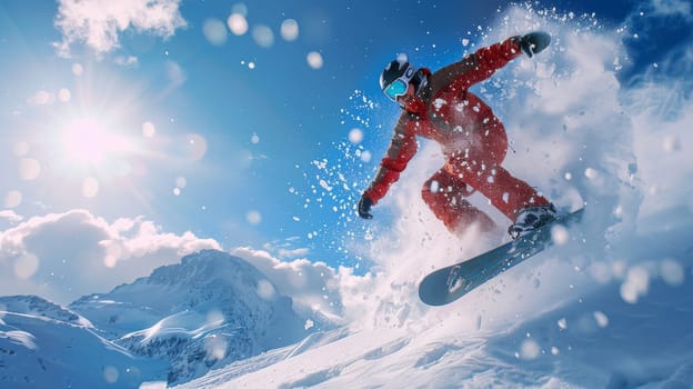 A snowboarder is in mid-air, performing a trick on a snow-covered slope. The image captures the excitement and thrill of snowboarding, as the person skillfully maneuvers their board through the air