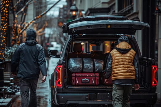 Two men are walking out of a truck with luggage. The truck is parked on a wet street