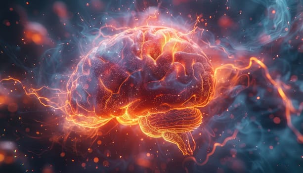 A brain with a fiery explosion surrounding it by AI generated image.