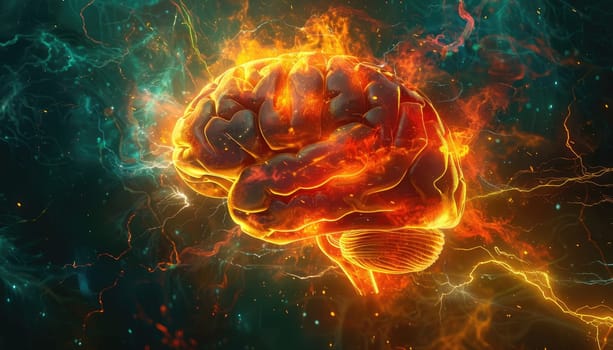 A brain with a fiery explosion surrounding it by AI generated image.