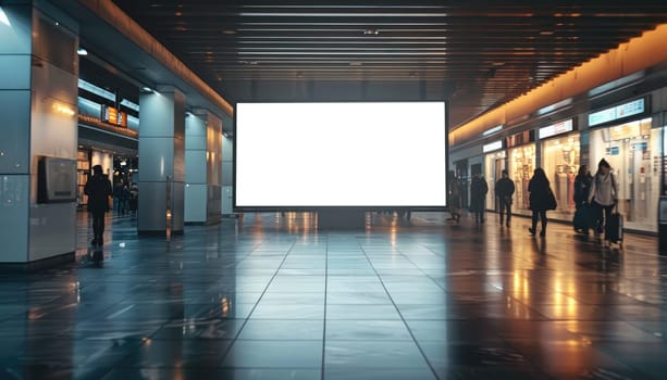 A large white billboard sits on a wet sidewalk in a city by AI generated image.