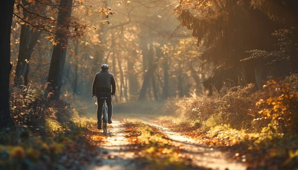 A man is riding a bicycle down a path in the woods by AI generated image.