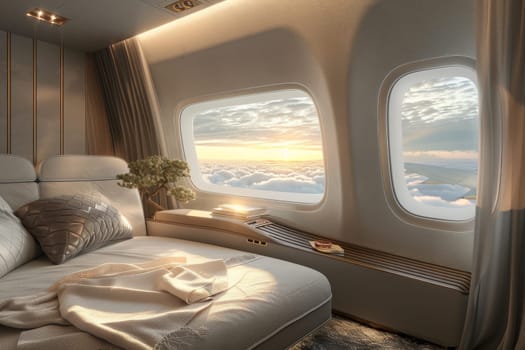 A silver airplane seat with a white cushion and a window in front of it. The window is open and the view is of the sky