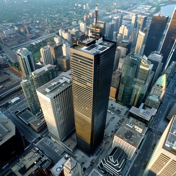 An urban landscape featuring a tall skyscraper as the central fixture, surrounded by a mix of commercial buildings and condominiums. Water elements and natural environment enhance the design