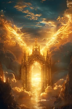 A golden angel with wings is flying through a doorway. The doorway is surrounded by clouds and the sky is filled with light. The scene is serene and peaceful, with the angel representing hope