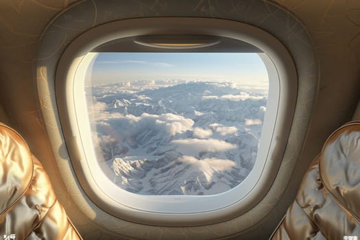 A silver airplane seat with a white cushion and a window in front of it. The window is open and the view is of the sky