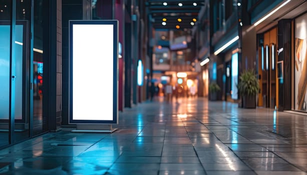 A large white billboard sits on a wet sidewalk in a city by AI generated image.