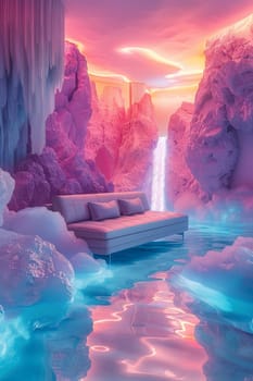 A pink couch is sitting on a table in a snowy mountain valley. The couch is surrounded by clouds and mountains, creating a serene and peaceful atmosphere