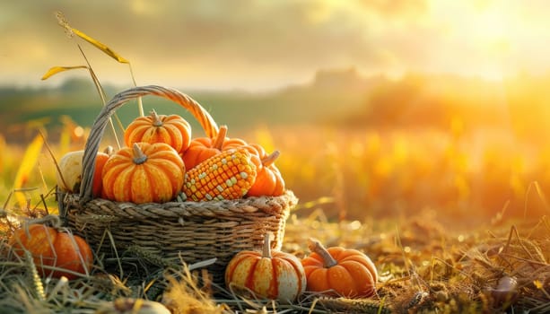 A basket full of pumpkins and corn sits in a field by AI generated image.