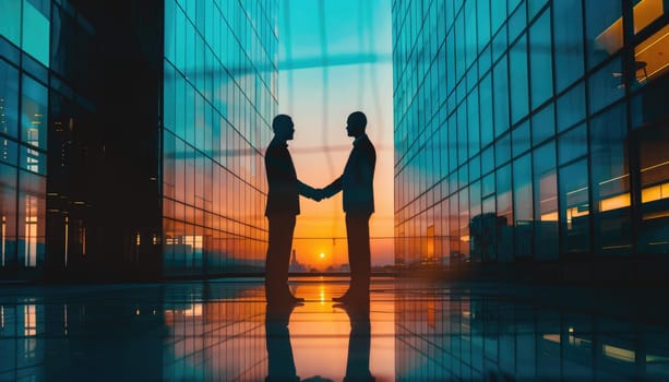 Two men shake hands in front of a building by AI generated image.