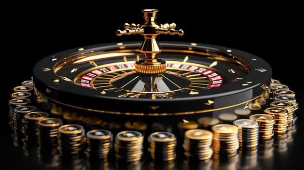 A casino wheel stands in the center, surrounded by a circle of shimmering golden coins. The wheel looks ready to spin, with anticipation in the air for the outcome of the game.