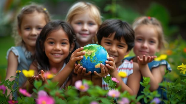 A joyful group of children is gathered outdoors, surrounded by vibrant flowers, as they hold a small globe together with care, showcasing awareness and celebration for Earth Day.