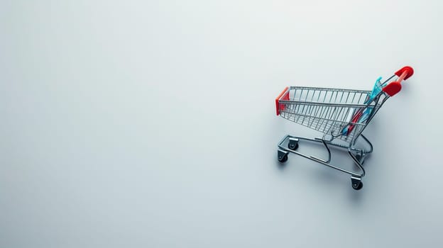 A small shopping cart with red accents stands isolated against a stark, clean background, evoking the consumer excitement and rush associated with Black Friday deals and the broader shopping season.